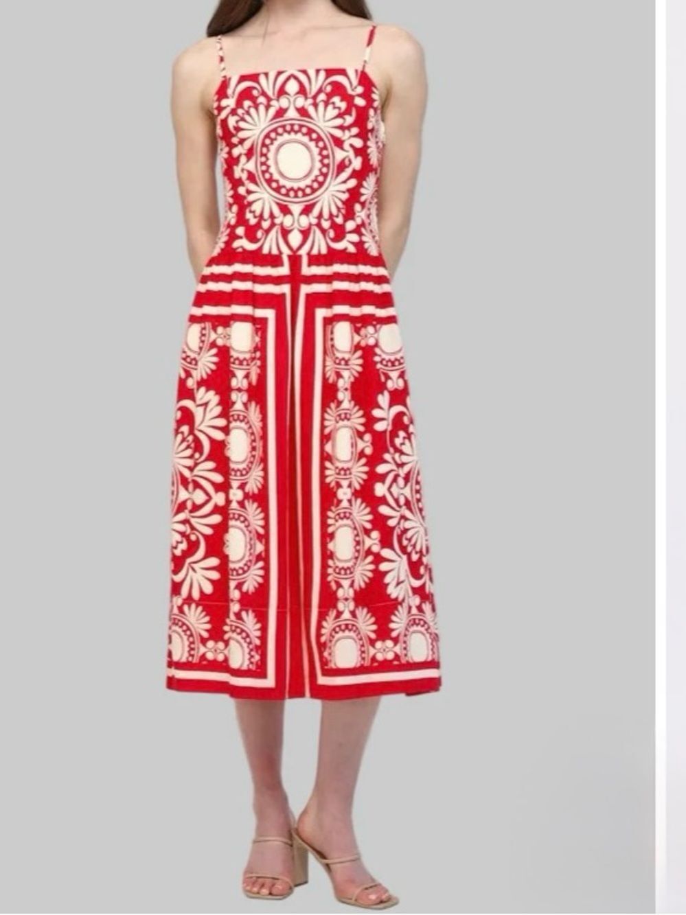 Umgee Red and White Printed Spaghetti-Strap Midi Dress